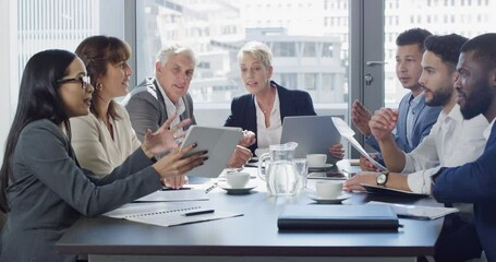 People, business meeting and planning on tablet for collaboration, brainstorming ideas or financial solution. Professional manager, senior executive and employees with digital technology for teamwork