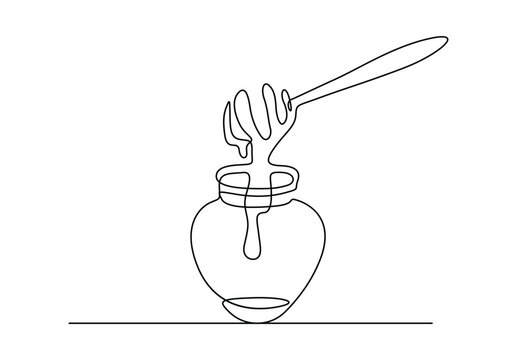 Continuous one line drawing of honey pot. Isolated on white background vector illustration. Premium vector