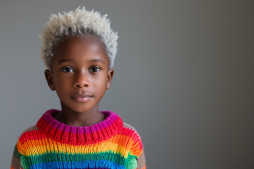 AI-generated portrait of a black queer kid with white hair in a rainbow sweater, symbolizing pride and diversity.