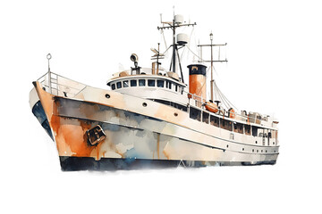 Naklejka premium Sailing ship, hand painted watercolor illustration White paper boat floating in the water isolated on a Transparent background. Generative AI
