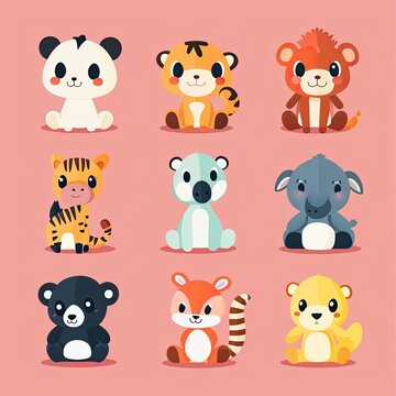 Vector Illustration fo Cute Animals Isolated on Pink Background