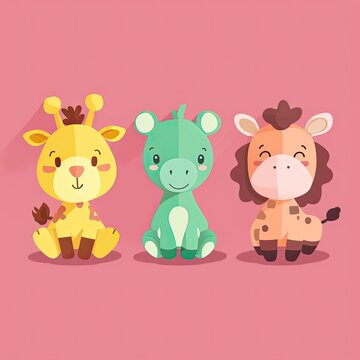 Vector Illustration fo Cute Animals Isolated on Pink Background