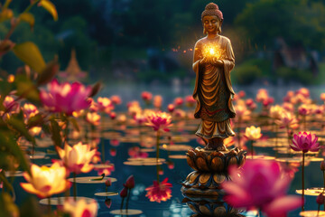 golden buddha stands on glowing lotus in nature background, many colorful flowers