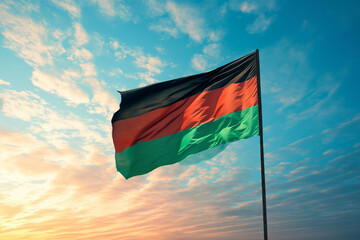 A silk flag with red, black, and green hues representing an African nation, fluttering in the wind against a sky background, likely for a national holiday or cultural celebration.
