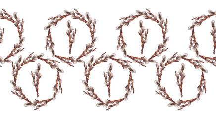 Seamless rim with watercolor wreath with willow on white background. Hand-drawn brown branch herb for spring Easter decor. Botanical bouquet illustration for wrapping. Nature border pattern