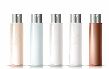 Mockups of plastic packaging bottles for cosmetics and skin care are presented, set against a white background.