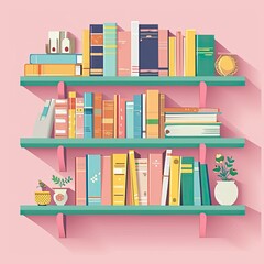Vector Illustration of Bookshelf Isolated on Pink Background