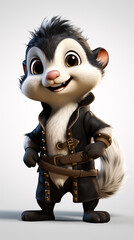 "Embark on a whimsical maritime escapade with a pirate skunk featured in a playful illustration against a plain, empty backdrop.