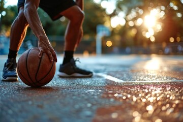 Fototapeta premium Street basketball player dribbling with ball on the court