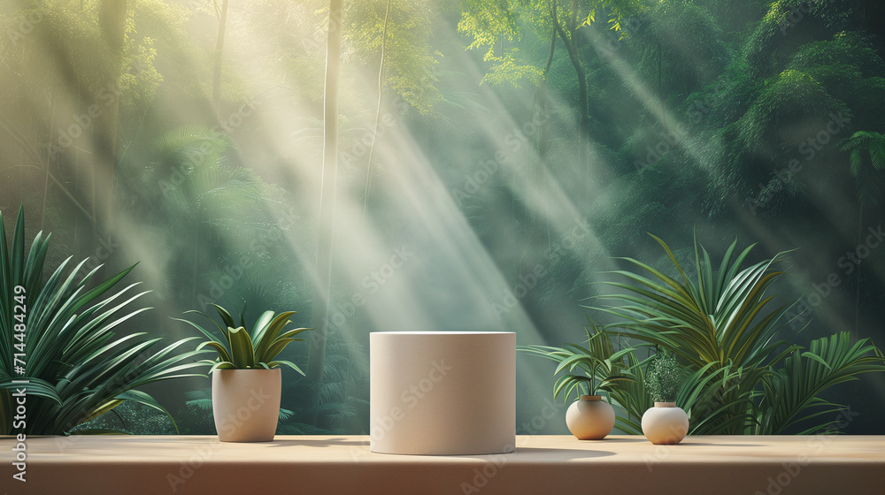 Poster 3d empty product display podium for presentations. sunrays pierce through a jungle canopy, casting a