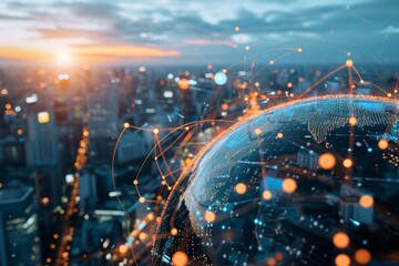 Global commerce and networking, Double exposure of a Globe with network connection lines and modern buildings