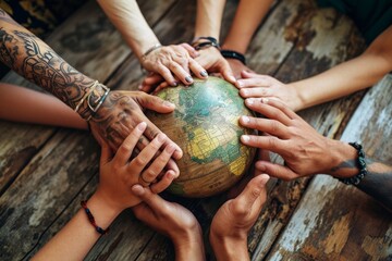 Multiracial Hands Gathered Around World Globe