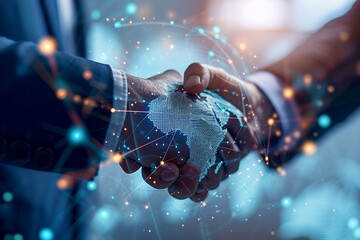 Businessmen shaking hands. Global network and a world map in the foreground. Blockchain concept