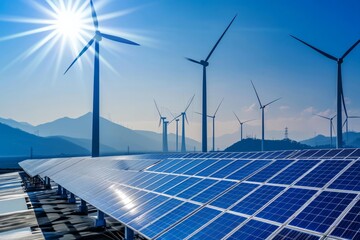 Solar energy panels, wind turbines, and nuclear power plant