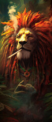 Bold and iconic, the image captures a Rasta lion exuding reggae vibes, confidently enjoying a smoke. 
