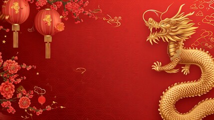 Chinese New Year Golden Dragon, Lanterns, Cherry Blossom Illustration Red Background