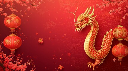 Obraz premium Chinese New Year Golden Dragon, Lanterns, Cherry Blossom Illustration Red Background
