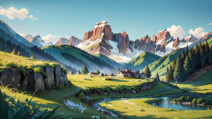 Beautiful mountain views with very wide and green grass. The sky is bright blue with the sun dazzling the eyes. Beautiful mountains wallpaper with anime style. Landscape view
