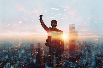 A successful businessman raises his hand in triumph, his image superimposed on a cityscape