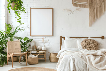 Mock up frame in bedroom interior backdrop, white room with natural wooden furnishings, Scandi Boho style with plants