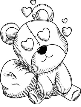 Teddy bear resting on a love pillow black and white vector image, valentine collection, doll collection, teddy bear collection