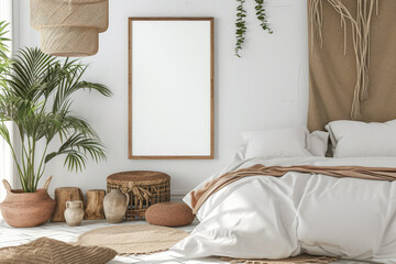 Mock up frame in bedroom interior backdrop, white room with natural wooden furnishings, Scandi Boho style with plants
