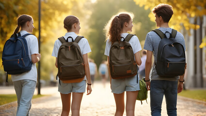 A group of teenagers with backpacks in happy style back to school