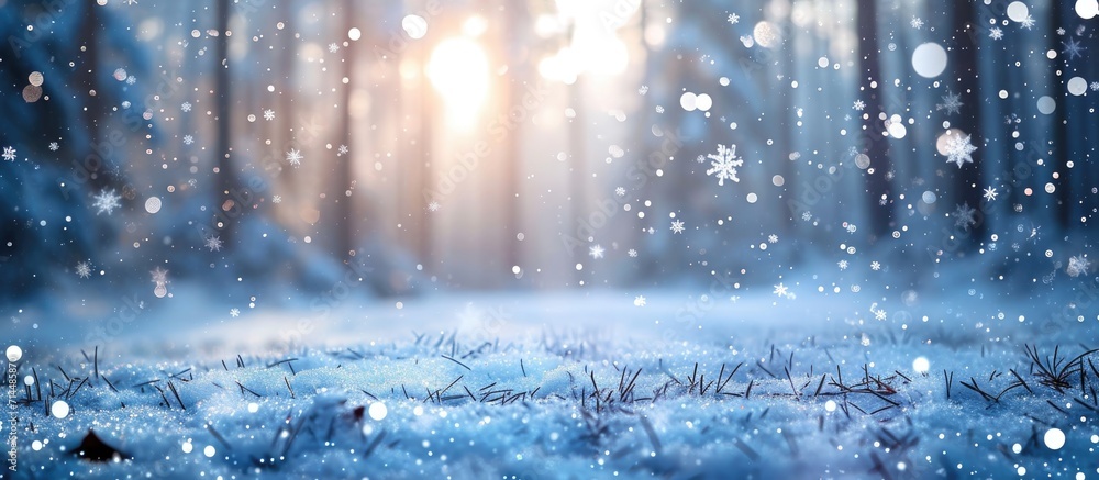 Poster winter forest with blurred snowflakes in morning light. snowflakes spin and glow, creating a bokeh a