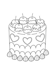 cute cherry cake and hearts around the cake coloring page