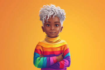 Illustration of a confident African American child with white hair wearing a rainbow sweater, possibly representing LGBTQ+ pride and diversity.