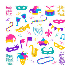 Mardi Gras Color Doodle Collection. Festive Design Color Isolated Elements Set. Vector Illustration of Carnaval Harlequin Hat, Beads, Carnival Masque, Saxophone, Trumpet, Drum, Fleur de Lis, Cocktail.