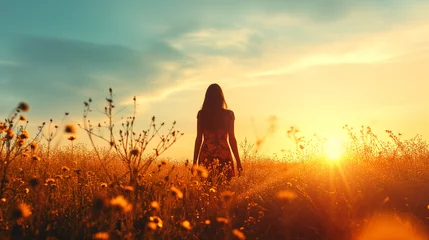 Fotobehang silhouette of a person in a field at sunset © The Stock Photo Girl