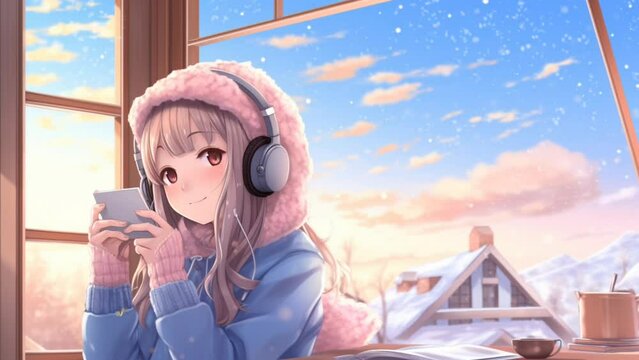 Anime girl listening to music by the window in winter, for lofi background music. seamless looping time-lapse 4k animation video 