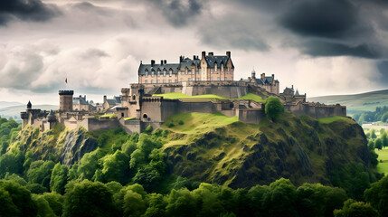 Fototapeta na wymiar Majestic Panorama of Edinburgh Castle on Cloudy Sky Peak