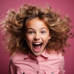 Photo of little girl fooling grimace having fun curly hair pink shirt and background Generative AI