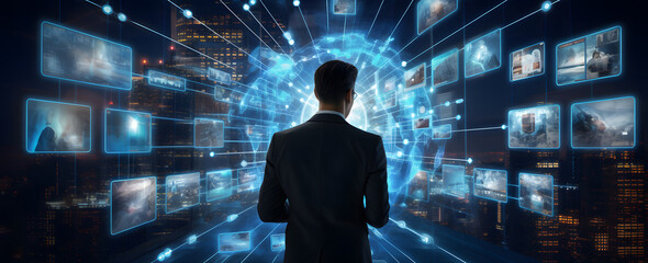 Businessman views digital images on a dark blue background, depicting world maps, intertwined networks, and a virtual world. Abstract concept of technology in business and network connections.