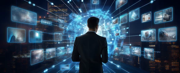 Foto op Plexiglas Businessman views digital images on a dark blue background, depicting world maps, intertwined networks, and a virtual world. Abstract concept of technology in business and network connections. © jex