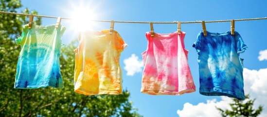 Kids tie-dye project: colorful clothes drying on sunny washing line. - Powered by Adobe