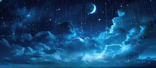 Stormy night sky with lightning, stars, and moon. - obrazy, fototapety, plakaty