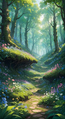 A beautiful view in the middle of a forest filled with colorful flowers. Shady trees, anime style
