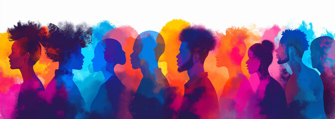 Colorful abstract illustration of silhouetted black individuals for Black History Month, promoting racial equality and diversity.