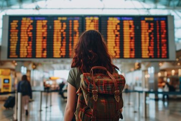 Young woman with backpack looking at airport departure board
