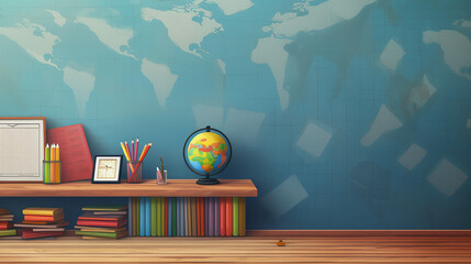 back to school background. room with wooden floor and blue wall - obrazy, fototapety, plakaty