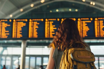 Young woman with backpack looking at airport departure board