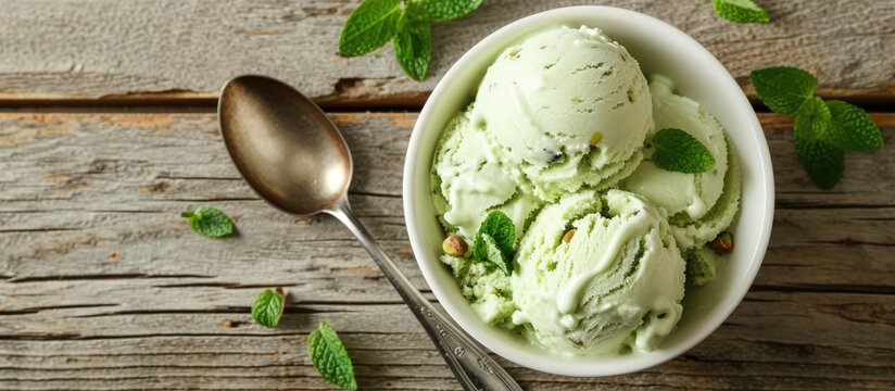 Bird's-eye view of pistachio or mint ice cream in a white bowl with spoon and scooper on a wooden table.