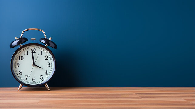 black alarm clock on brown wood desk and blue wallpaper