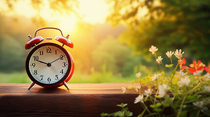 black alarm clock on beautiful nature background with copy space