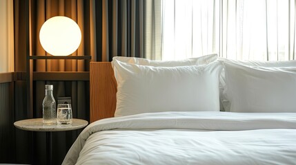 Hipster modern hotel room during the day with bright white sheets on king size bed. on the side table is a glass of sparkling water and a round bulb light above the side table  