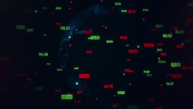 Earth rotating with digital indicators, indices and market stocks. Data processing on digital earth background. Concept of stock market crypto currency, stock market price changes and world economy. 