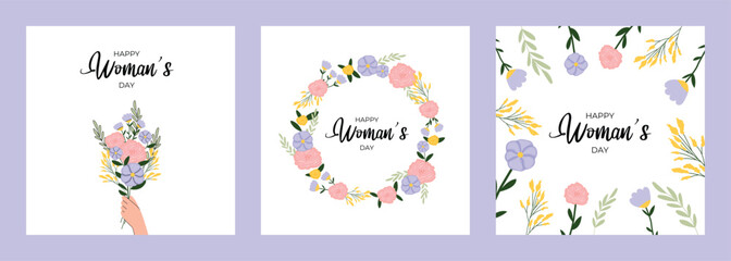 Obraz na płótnie Canvas Happy Women's Day card collection. Bouquet of flowers, wreath of flowers, beautiful wildflowers in flat style. Vector illustration.
